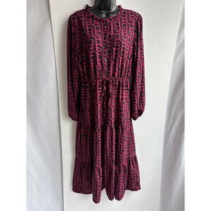 Ashly and Sage Maxi Tiered Geometric Dress Long Size L Ruffle Hem Burgundy Black